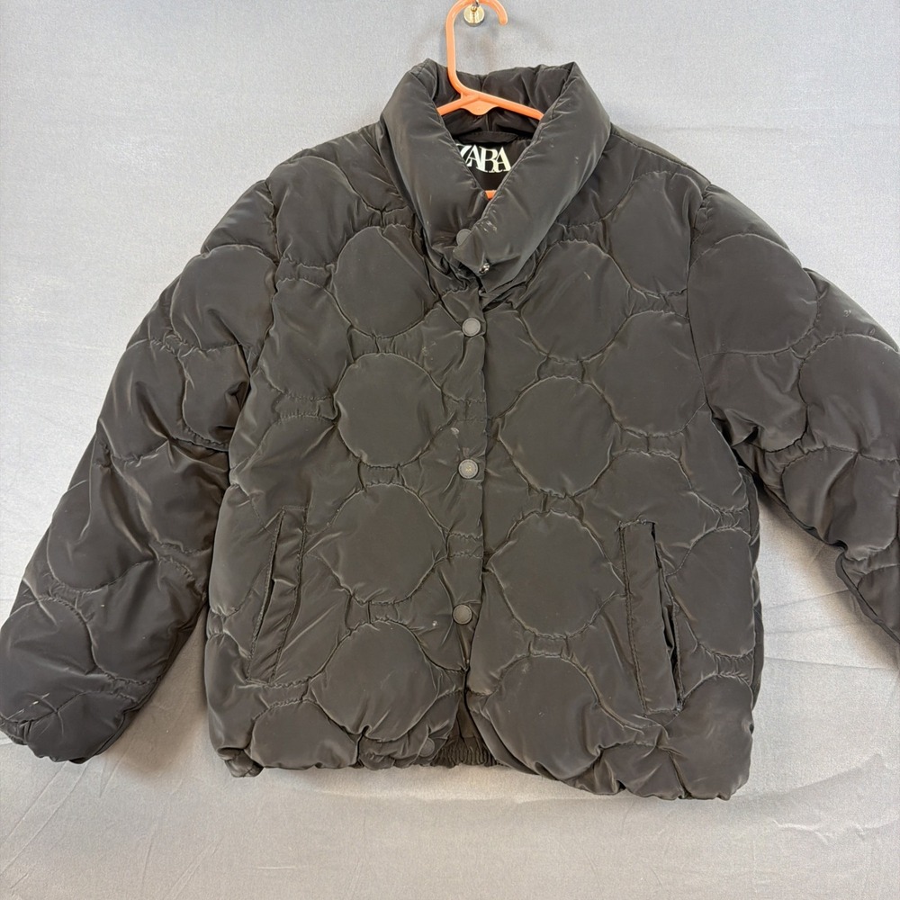 Zara Girls Rubberized Quilted Puffer Coat Size 9 Black Jacket Textured 134 CM